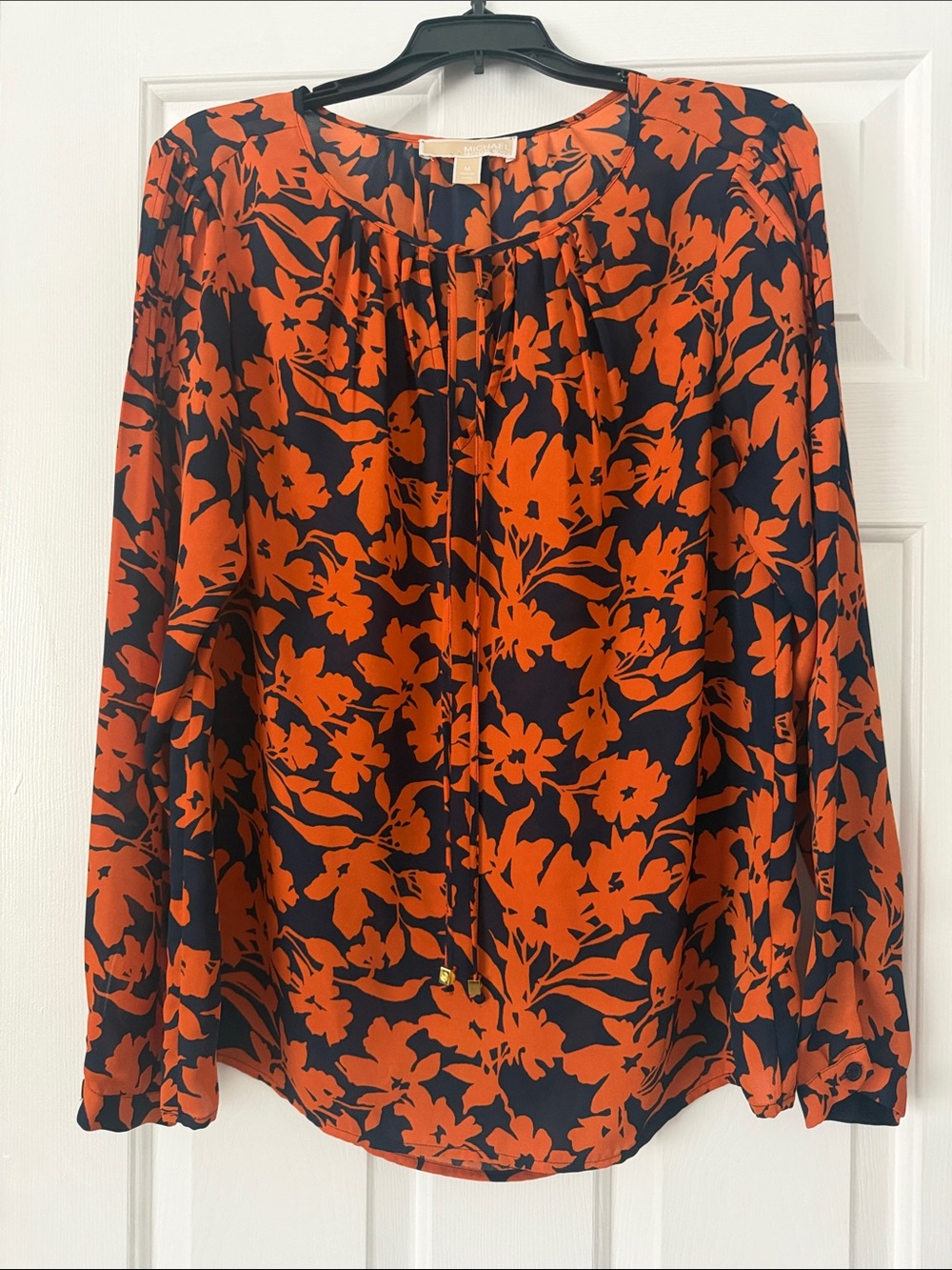 Michael Kors Navy Blouse with Vibrant Orange Floral Print